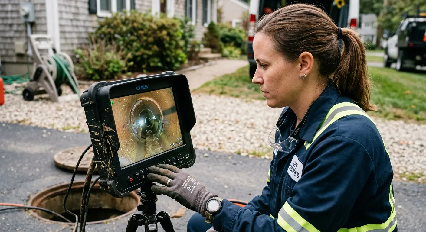Technician reviewing sewer camera inspection footage in Holiday