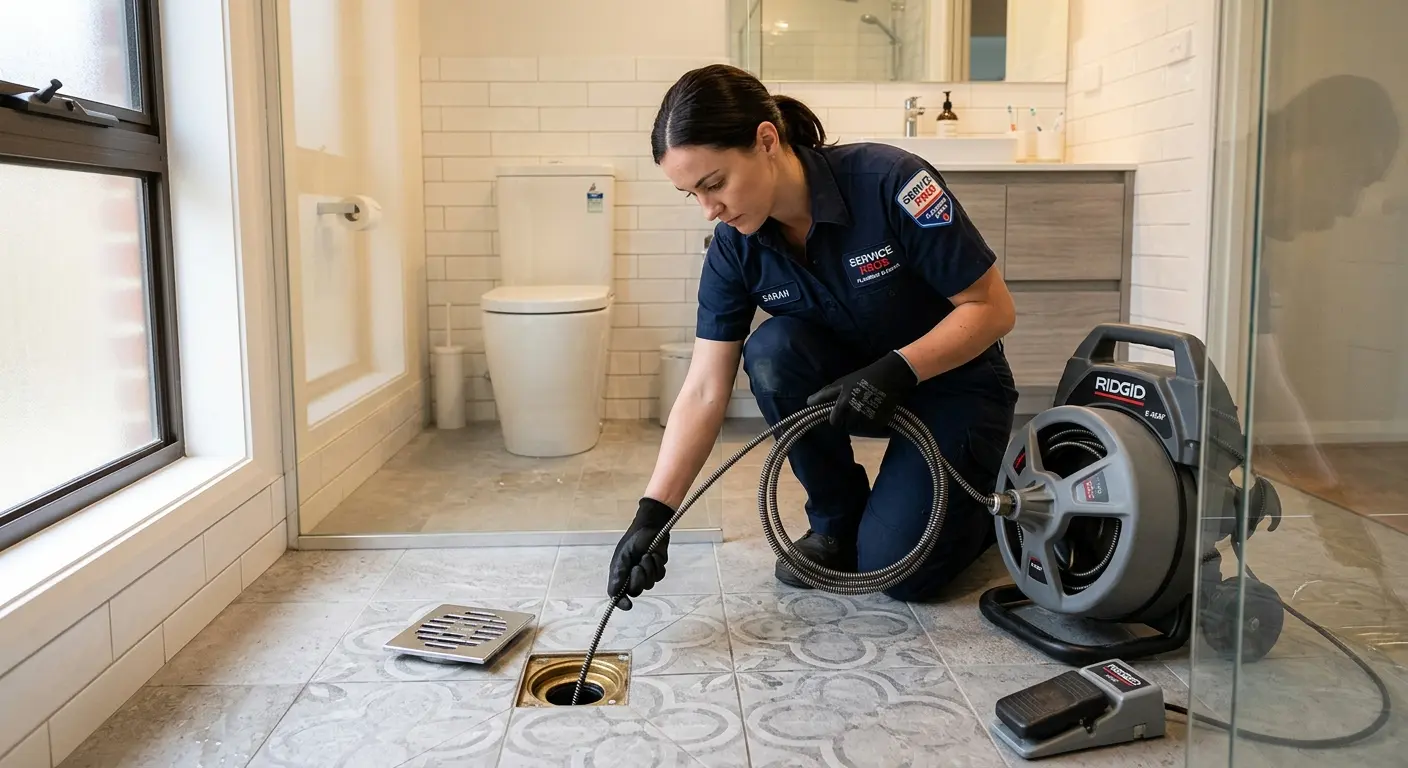 Technician clearing a bathroom floor drain for Drain Cleaning in Holiday